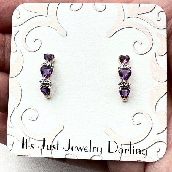 14K Yellow Gold Womens Earrings Pierced Amethyst Heart Diamond Gift Idea for Her - Picture 1 of 3